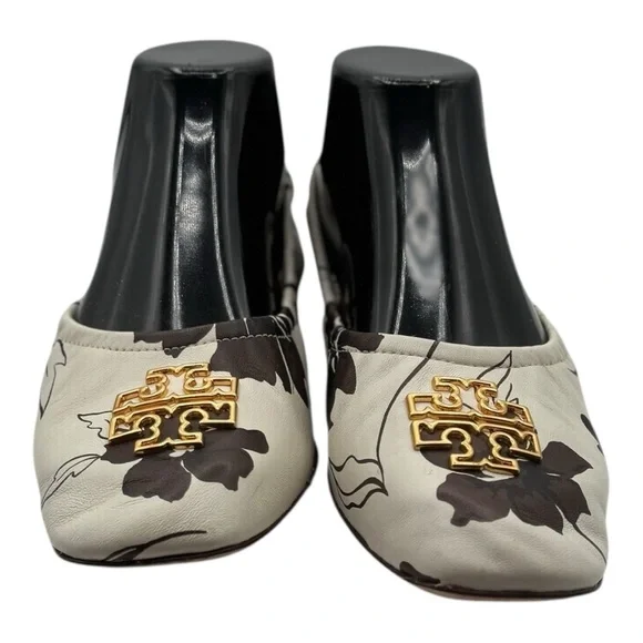 TORY‎ BURCH Women's Cream/Brown Leather Elastic Britten Ballet Flats Size 7.5